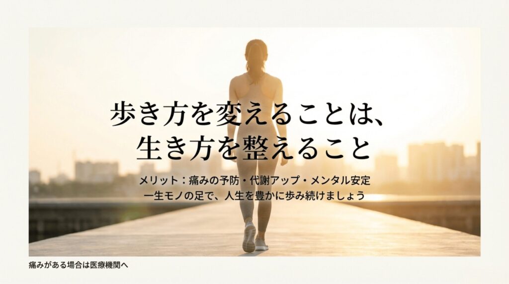 正しい歩き方がもたらす「痛みの予防」「代謝アップ」「メンタル安定」という3つのメリットのまとめ。