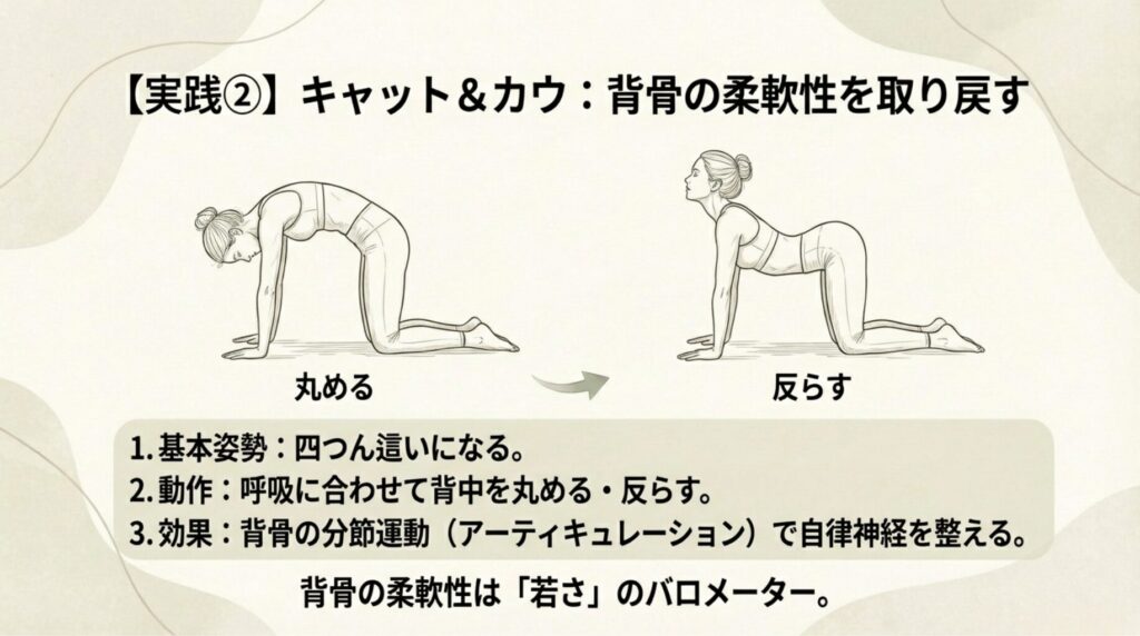 四つん這いで背中を丸める、および反らす動作を通じて、背骨の柔軟性（アーティキュレーション）を高める様子を描いた図。