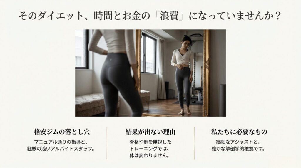 格安ジムのマニュアル指導や経験の浅いスタッフのリスクと、解剖学的根拠に基づいたACCEPTの繊細なアジャストの比較スライド。