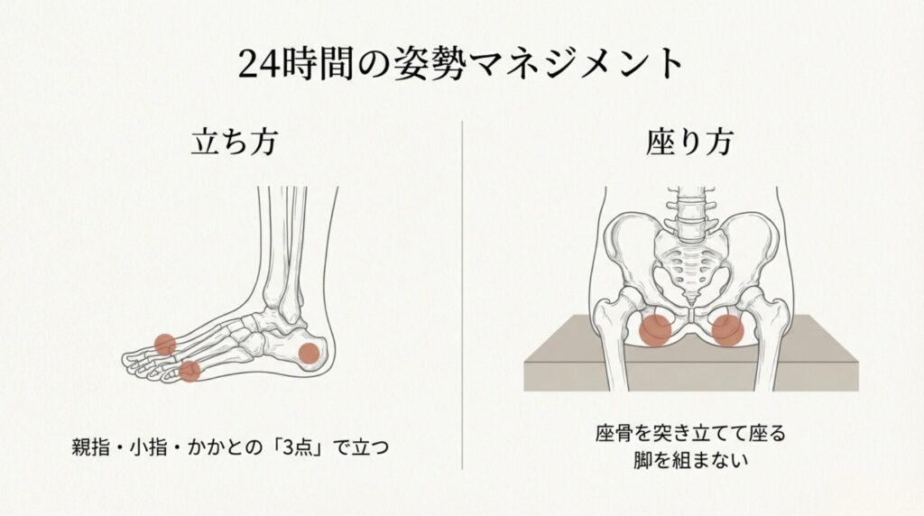 足裏の3点で立つ方法と、座骨を突き立てて座る方法を解説した、日常生活の姿勢管理のイラスト。