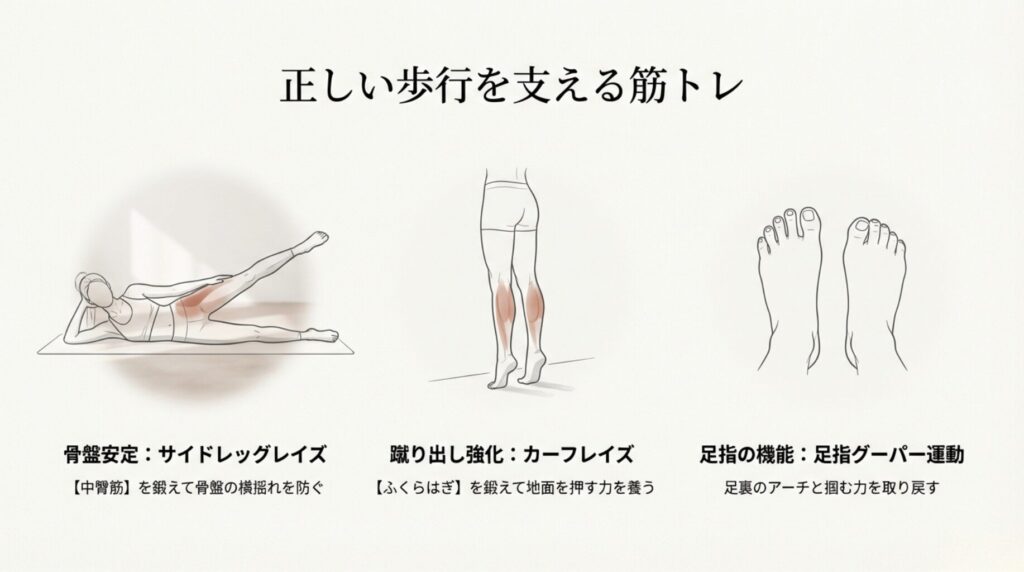 骨盤を安定させるサイドレッグレイズ、蹴り出しを強くするカーフレイズ、足指グーパー運動の図解。