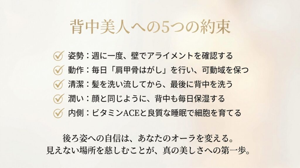 姿勢・動作・清潔・潤い・内側の5つの観点からまとめた、背中美人を維持するための習慣チェックリスト。