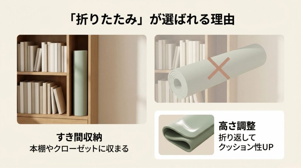折りたたみ式ヨガマットが本棚に収納でき、折り返してクッション性を調整できることを示す画像