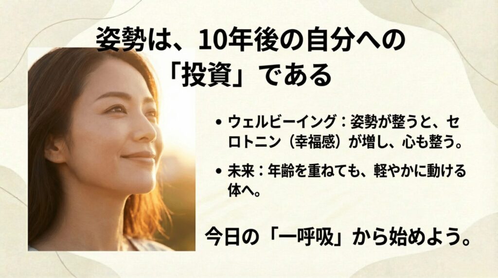 ウェルビーイングと将来の軽やかな体作りのために、今日の「一呼吸」から始める大切さを伝えるまとめ画像。