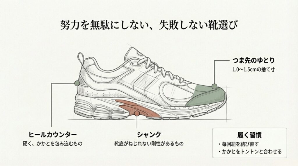 ヒールカウンター、シャンクの剛性、つま先のゆとり（捨て寸）など、靴選びでチェックすべきポイントの図解。