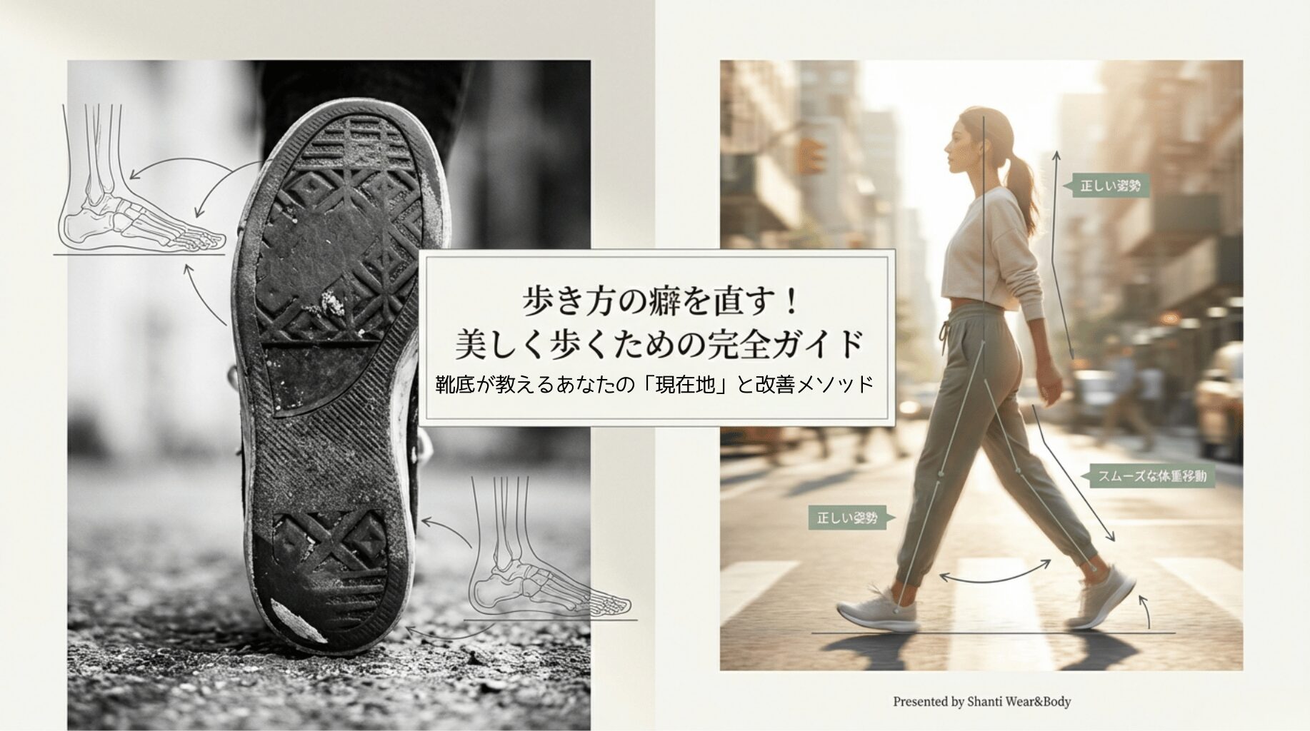 美しく歩くための完全ガイドの表紙。正しい姿勢とスムーズな体重移動の重要性を示唆する画像。