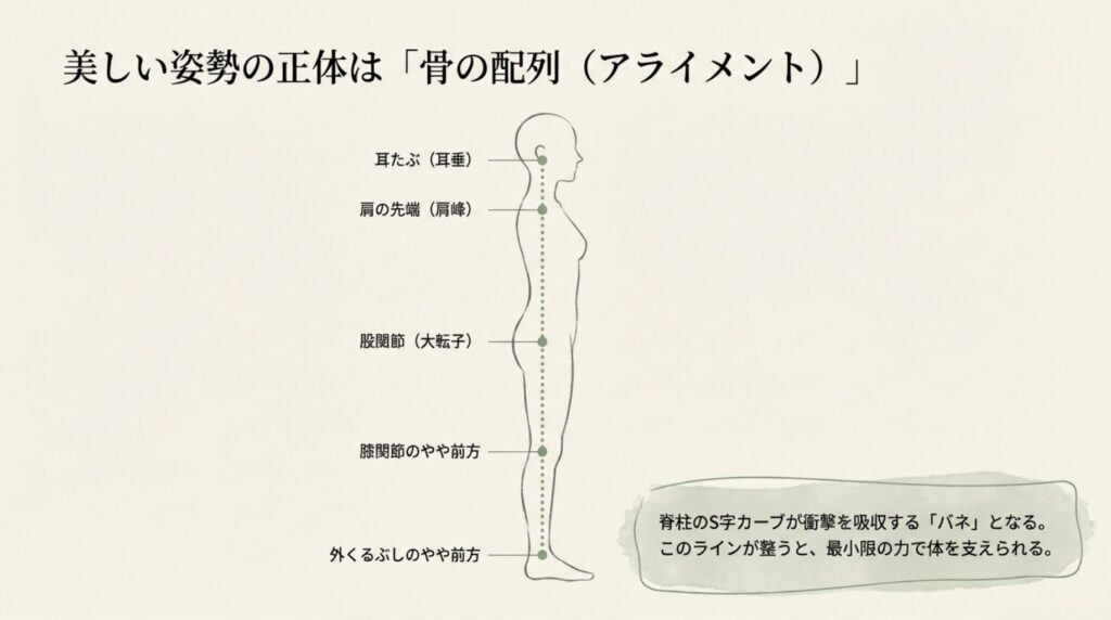 横から見た体のラインにおいて、耳、肩、股関節、膝、くるぶしを一直線に結ぶ理想的な指標を説明したイラスト。