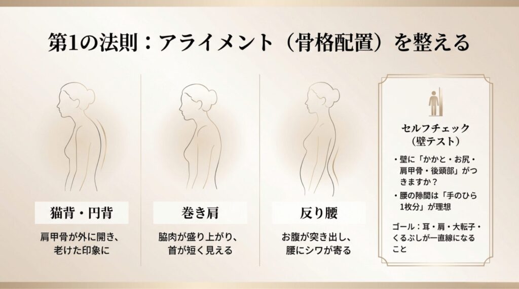 猫背・巻き肩・反り腰の例と、壁を使って耳・肩・大転子・くるぶしを一直線にするセルフチェック方法。