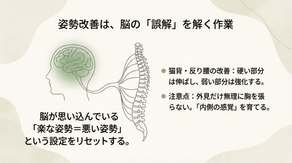 脳と脊髄が繋がっているイラストと共に、脳が思い込んでいる「悪い姿勢＝楽」という設定をリセットする必要性を説いた図。