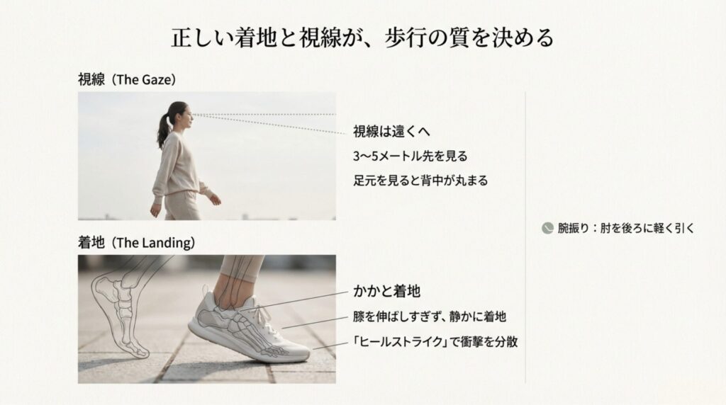 かかとから静かに着地する「ヒールストライク」と、3〜5メートル先を見る視線の位置を解説したイラスト。