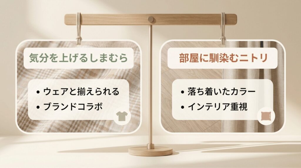 ファッション性重視のしまむらと、インテリア性重視のニトリのヨガマットの違いを比較した図解