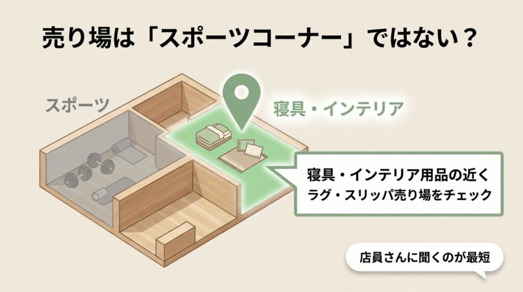 しまむらのヨガマット売り場はスポーツコーナーではなく、寝具・インテリア用品の近くだと解説する図解