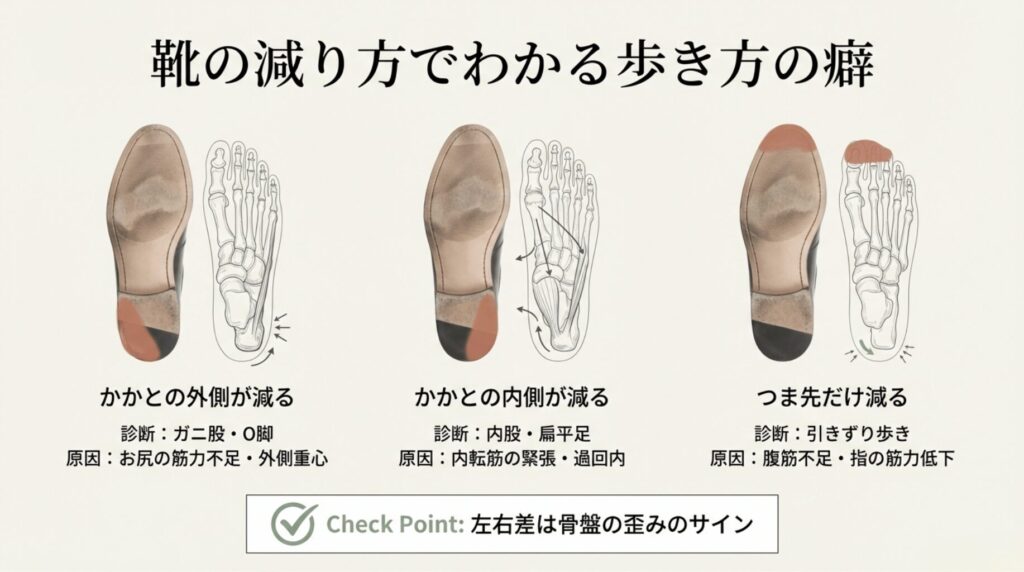 かかとの外側・内側・つま先の減り方別に、ガニ股、内股、引きずり歩きの原因を解説したイラスト。