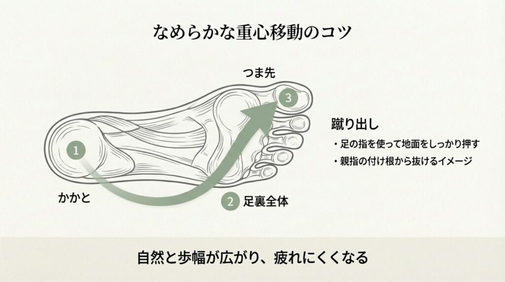 かかとから着地し、足裏全体を通って親指の付け根から地面を蹴り出す重心移動の軌跡を示した図。