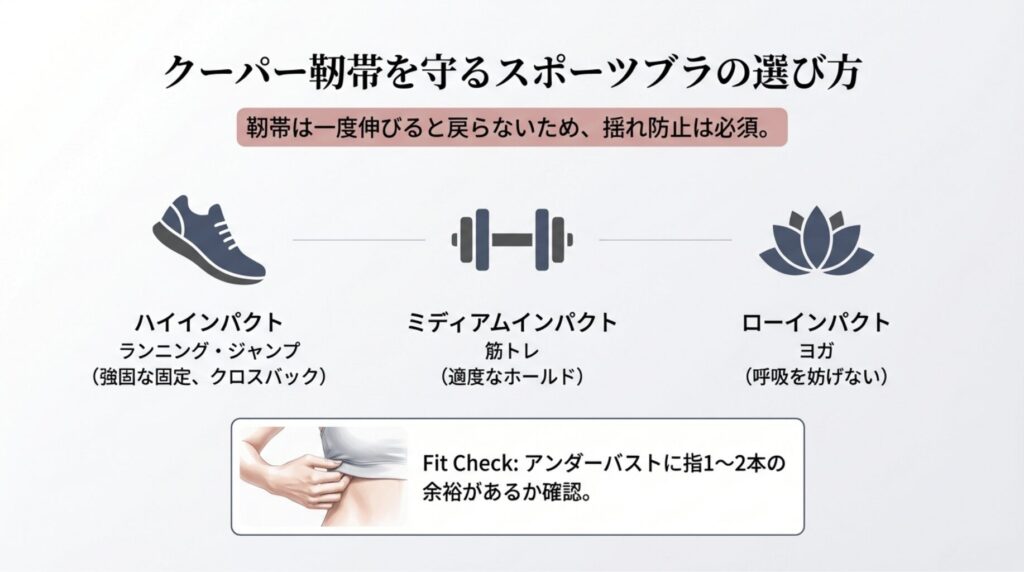 運動強度（ハイ・ミディアム・ローインパクト）に応じたスポーツブラの選び方と、フィット感を確認するFit Checkのポイントを解説したスライド。