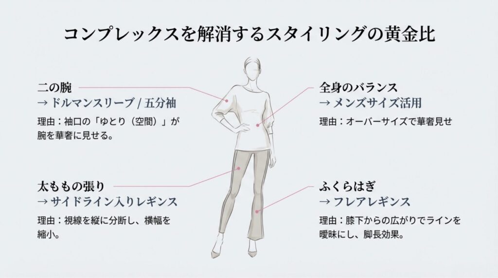 二の腕（ドルマンスリーブ）、太もも（サイドライン入り）、ふくらはぎ（フレアレギンス）など、気になる部位をカバーするアイテムと理由をまとめたスライド。