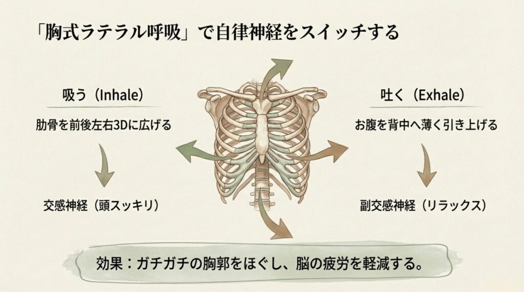 肋骨を3D（前後左右）に広げる呼吸の方向と、吸う（交感神経）・吐く（副交感神経）の切り替え効果を説明するイラスト。
