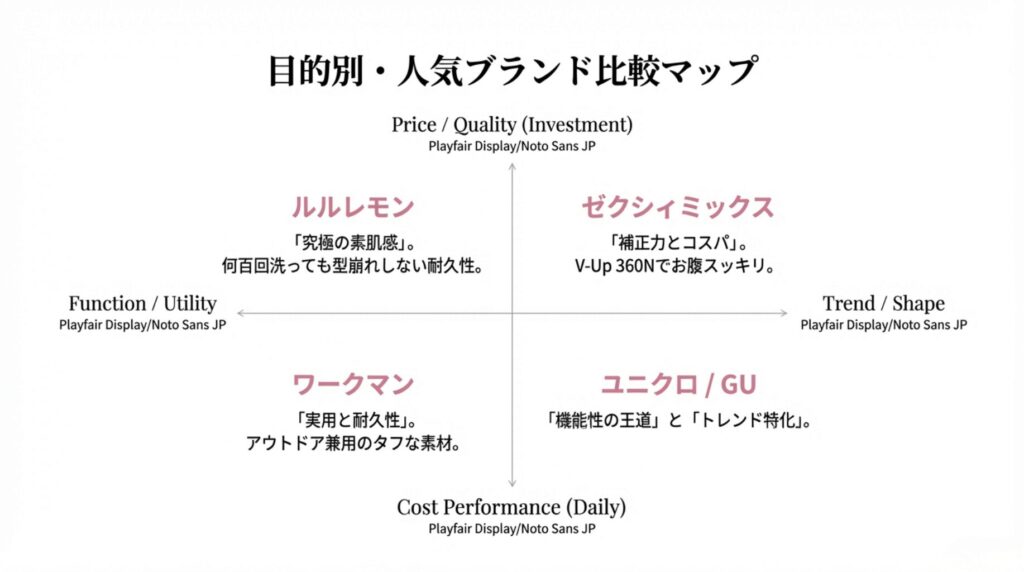 ルルレモン（究極の素肌感）、ゼクシィミックス（補正力とコスパ）、ワークマン（実用と耐久性）、ユニクロ/GU（機能性とトレンド）の4大ブランドを価格と特徴で比較したマップ。
