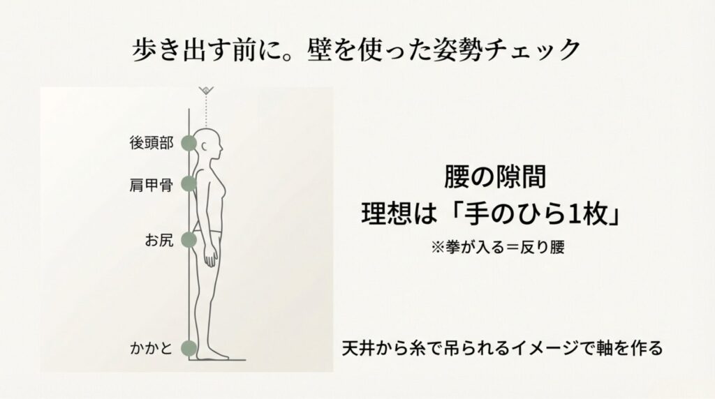 壁に背をつけて立ち、後頭部、肩甲骨、お尻、かかとの4点をチェックする正しい姿勢の図解。