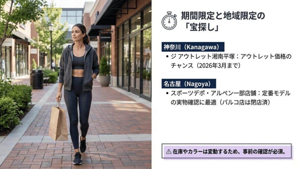 ジアウトレット湘南平塚（2026年3月まで）や名古屋のスポーツデポ・アルペン店舗での取り扱い情報 。