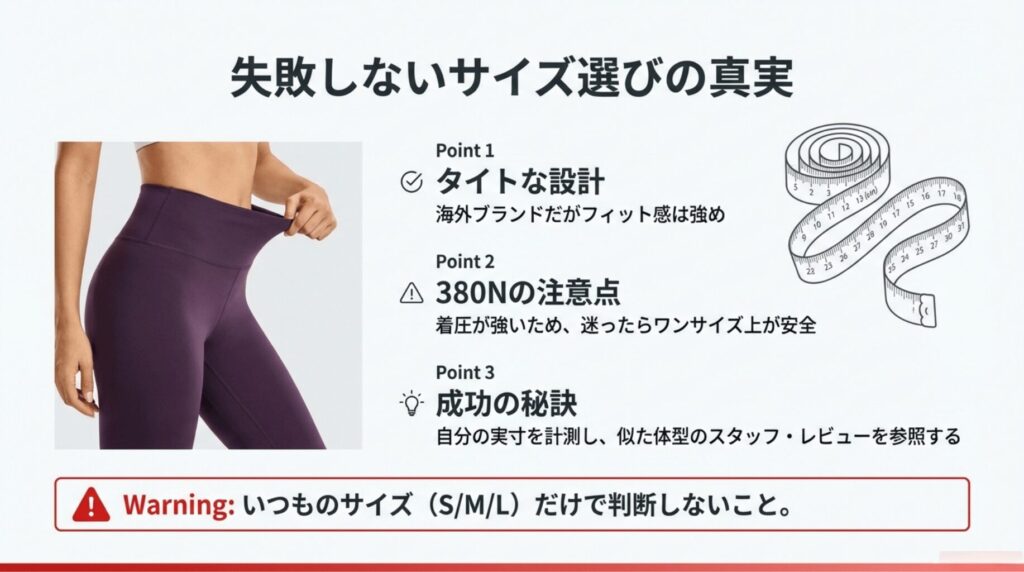 タイトな設計、380Nはワンサイズ上を推奨、実寸計測とスタッフレビューの参照が成功の秘訣 。