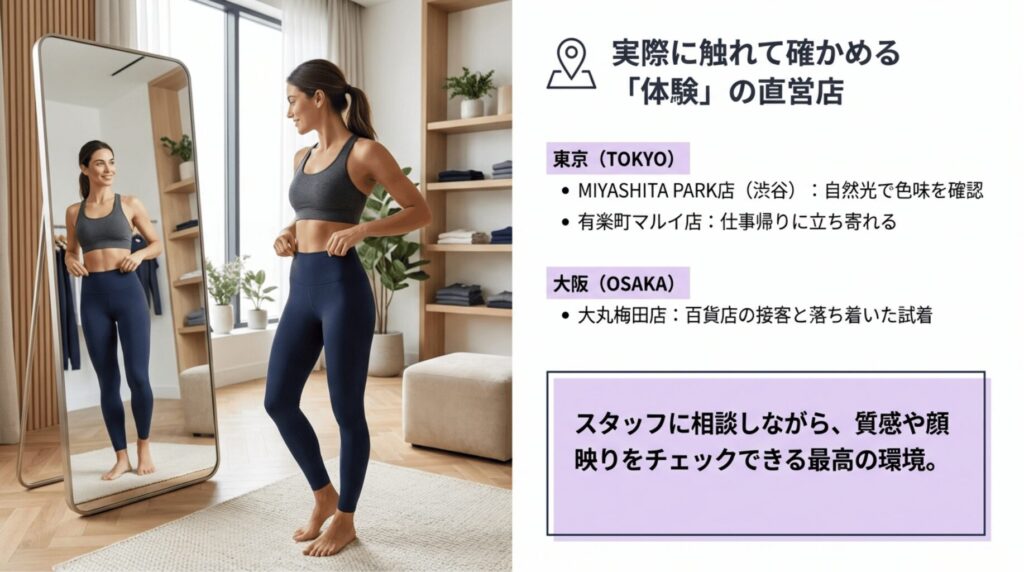 渋谷MIYASHITA PARK店、有楽町マルイ店、大丸梅田店など、実際に触れて確かめられる直営店の情報 。