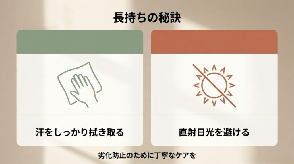直射日光を避け、汗を拭き取るなど、ヨガマットを長持ちさせるためのケア方法を説明する図解