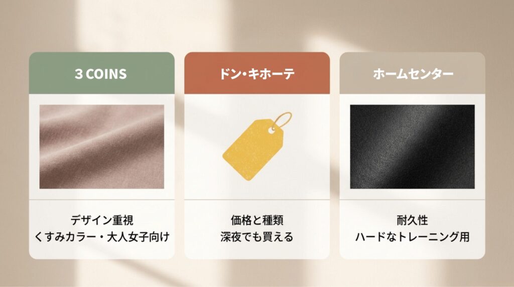 3COINSのデザイン性、ドンキの価格、ホームセンターの耐久性など、各ショップの強みをまとめたスライド