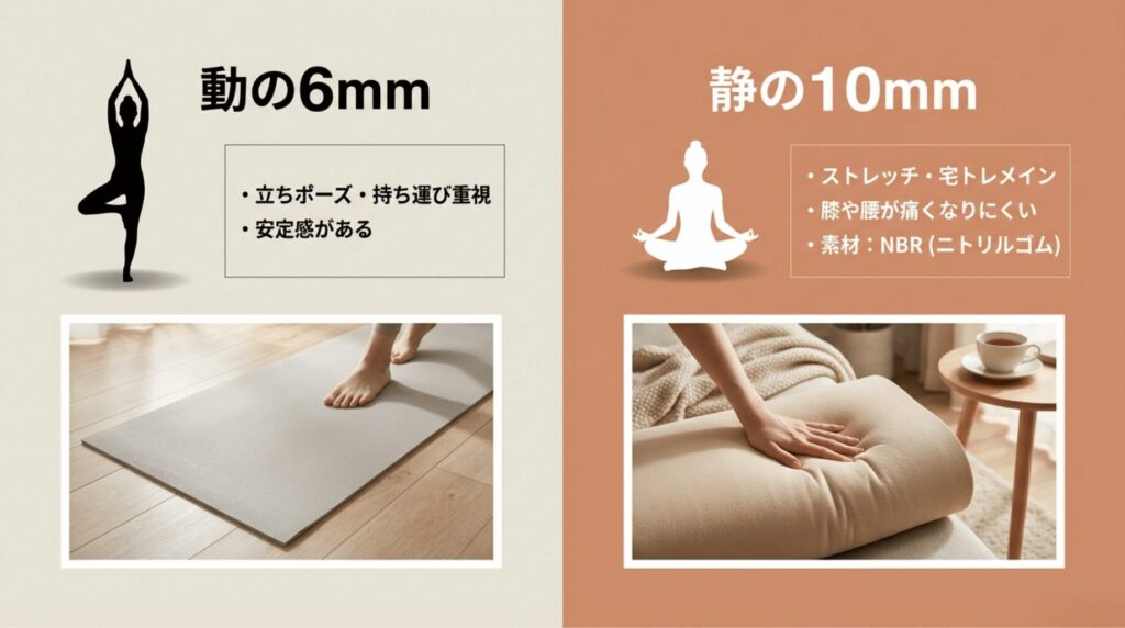 ヨガマットの厚さ6mm（立ちポーズ・持ち運び用）と10mm（ストレッチ・宅トレ用）の使い分けを説明する図解