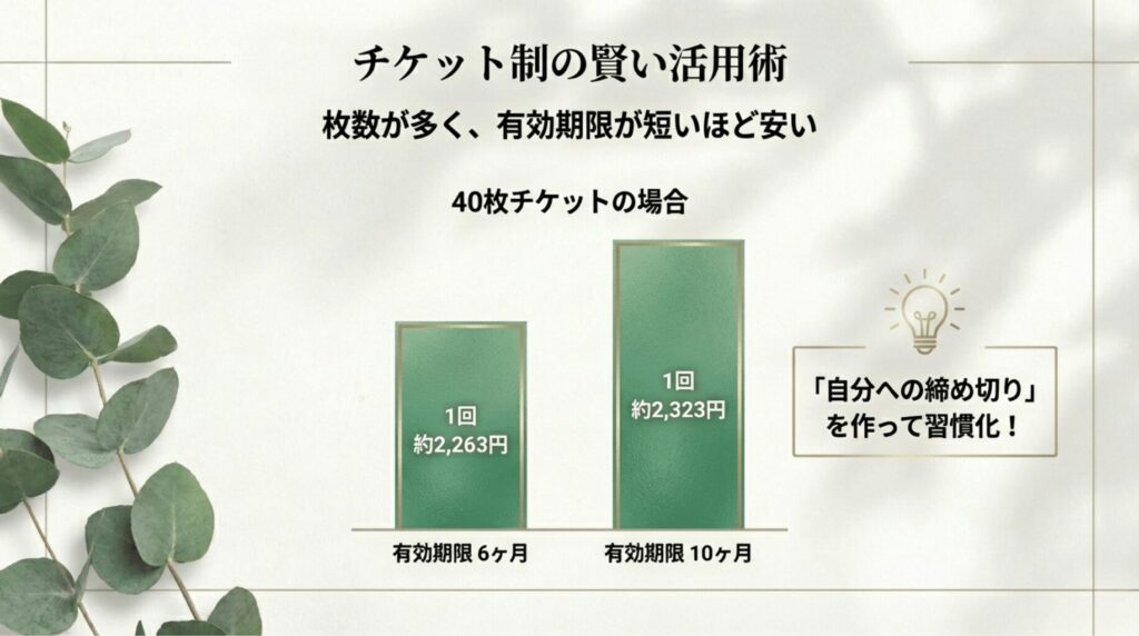 40枚チケットの有効期限（6ヶ月と10ヶ月）による1回あたりの料金単価の比較表。