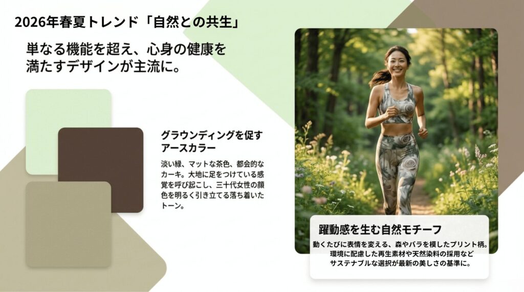 グラウンディングを促すアースカラーや、自然をモチーフにしたプリント柄、サステナブル素材など最新トレンドをまとめたスライド 。