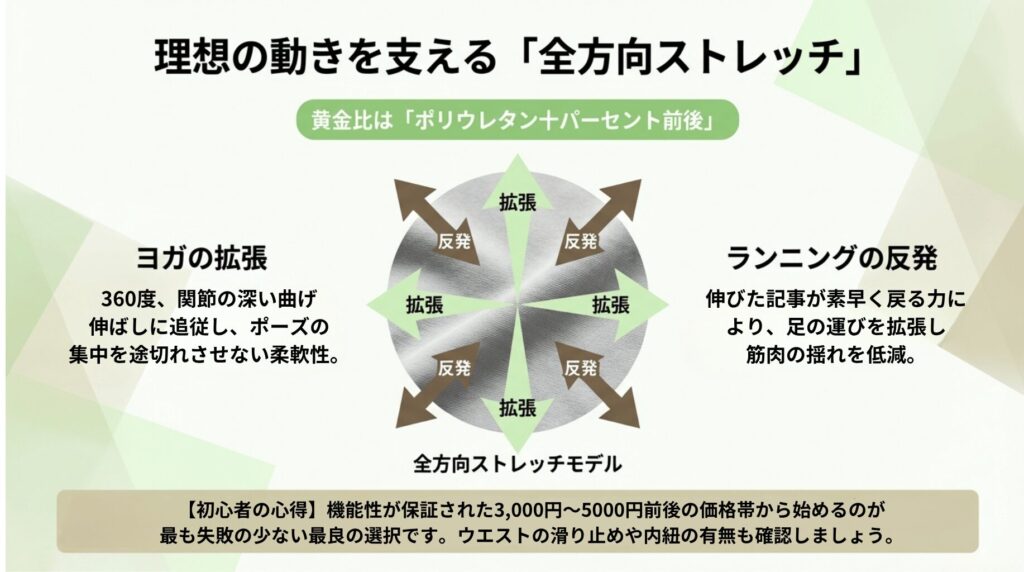 ポリウレタン10%前後の黄金比による、ヨガの拡張性とランニングの反発力を両立する全方向ストレッチの図解スライド 。