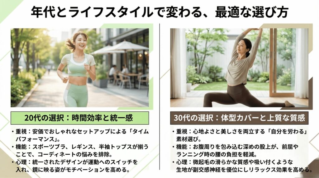20代のタイムパフォーマンス重視のセットアップと、30代の体型カバー・質感重視の選び方を比較したスライド 。