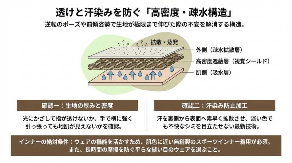 高密度遮蔽層による透け防止と、汗を表面に拡散させる疎水構造の仕組み、および購入時の確認ポイントをまとめたスライド 。