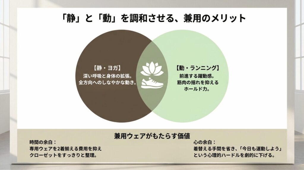 兼用ウェアによる費用の抑制、クローゼットの整理、運動への心理的ハードル低下といったメリットをまとめたスライド 。