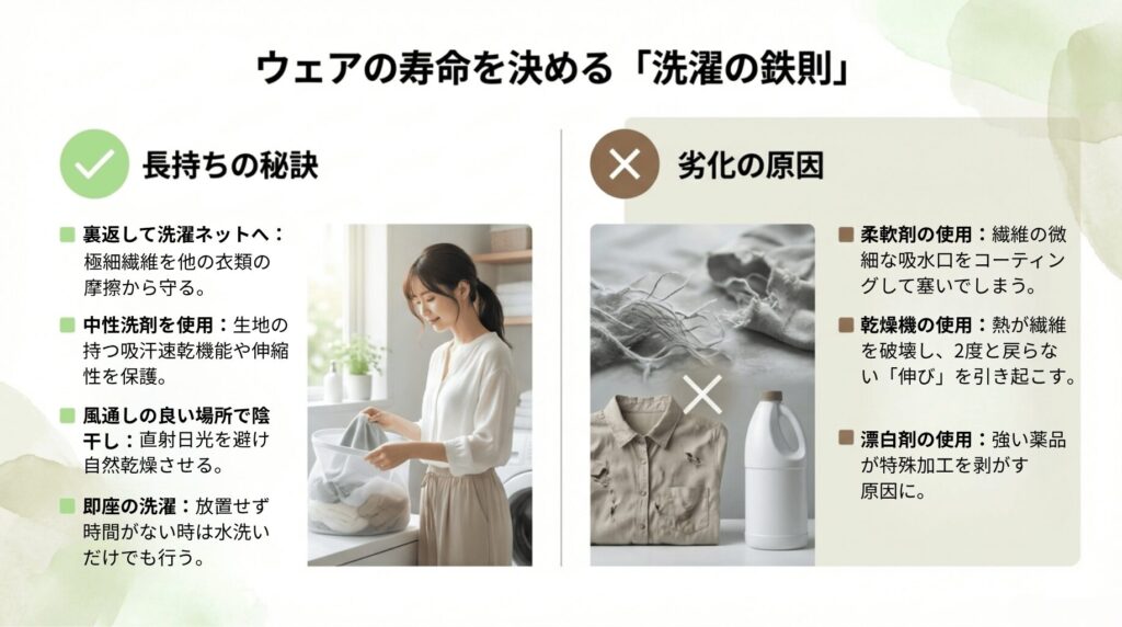 裏返してネット使用、中性洗剤、陰干しといった長持ちの秘訣と、柔軟剤・乾燥機・漂白剤といった劣化の原因をまとめたスライド 。