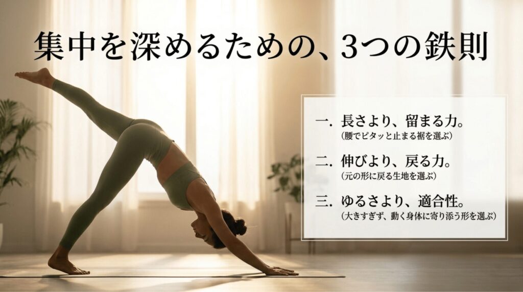ダウンドッグ中に服のめくれを防ぐための長さより留まる力、伸びより戻る力、ゆるさより適合性の3鉄則をまとめたスライド