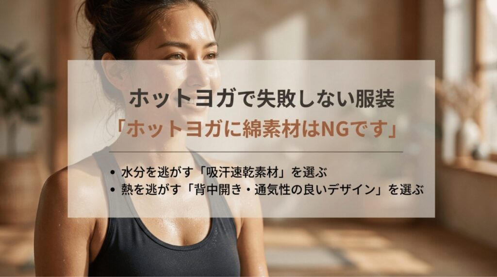 汗をかいた女性と、ホットヨガでは綿素材を避け、吸汗速乾素材や背中開きなど通気性の良いデザインを選ぶと説明するスライド
