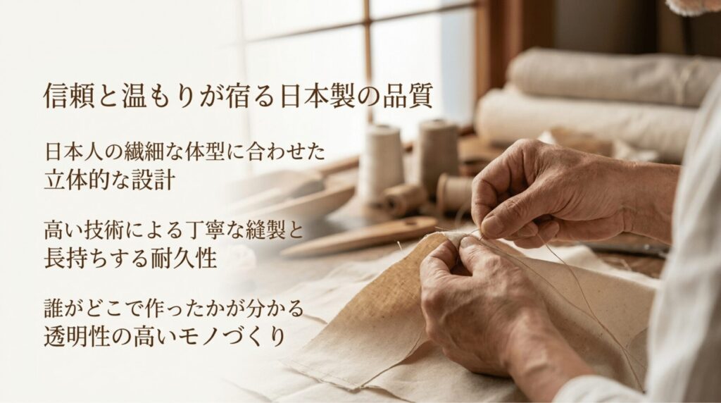 職人が布を縫う様子と、日本製ヨガウェアの立体設計や丁寧な縫製を紹介するスライド