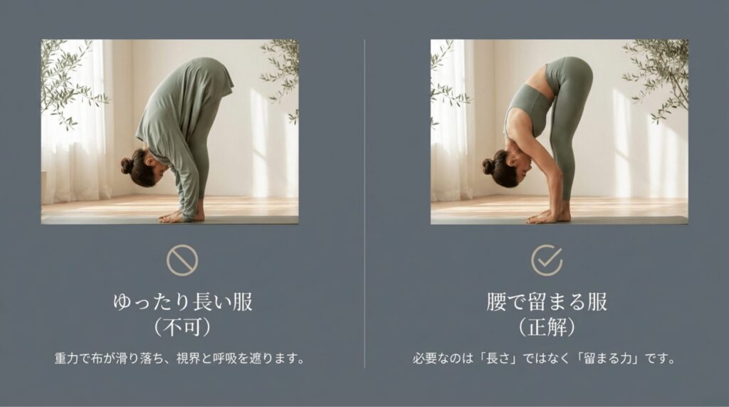 ゆったり長い服と腰で留まる服を比較し、ダウンドッグでは長さよりホールド力が大切だと示すスライド