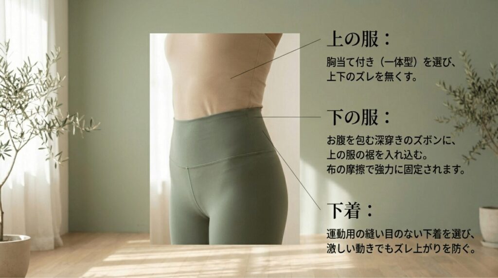 カップ付きトップス、ハイウエストレギンス、縫い目のない下着でダウンドッグ時のズレを防ぐコーディネート解説スライド