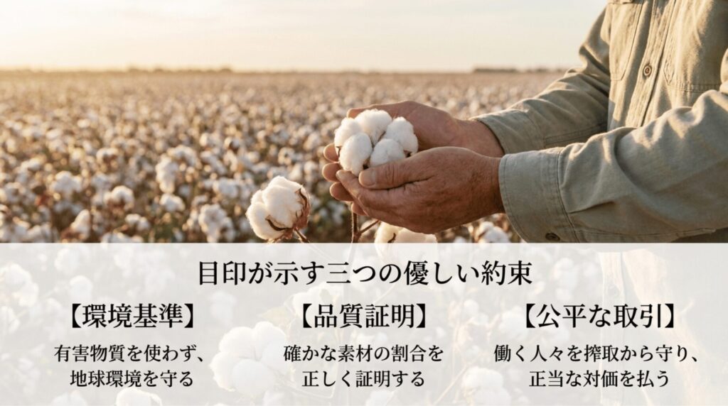 綿花畑を背景に、環境基準、品質証明、公平な取引の3つを説明するスライド
