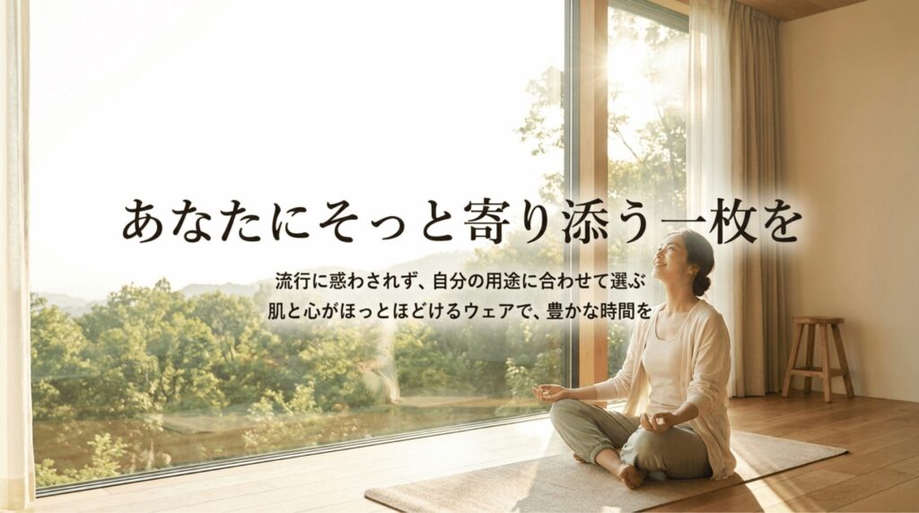 明るい室内でヨガをする女性と、自分の用途に合うウェア選びを促す締めのスライド