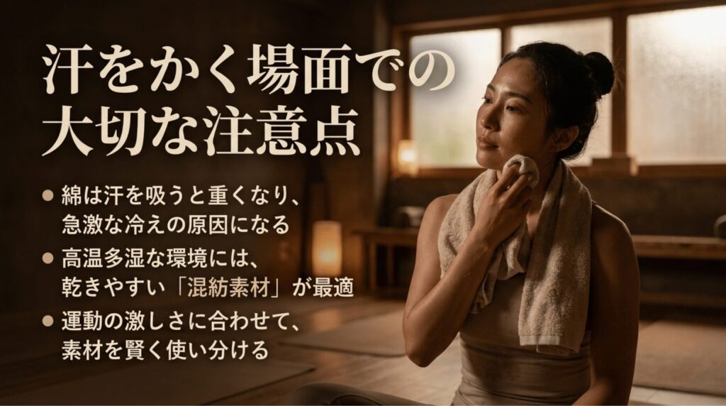汗をかくヨガ環境での綿素材の重さや冷え、混紡素材の選び方を説明するスライド