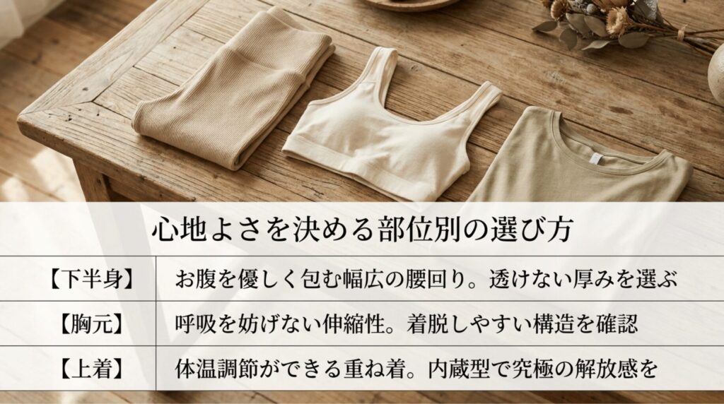 レギンス、スポーツブラ、トップスなど部位別のオーガニックコットンヨガウェアの選び方をまとめたスライド
