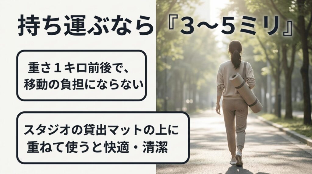 スタジオへ持ち運ぶヨガマットは3〜5ミリで1キロ前後の軽さが便利なことを説明したスライド