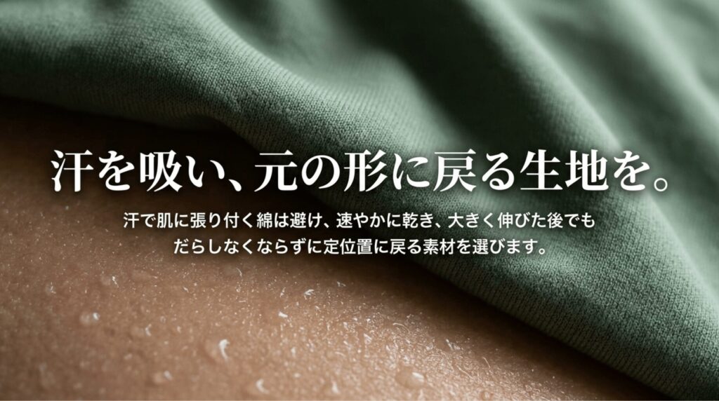 汗を素早く吸って乾き、大きく伸びても元に戻る生地を選ぶ重要性を示すヨガウェア素材のスライド