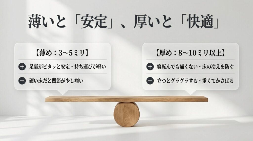 3〜5ミリの薄めマットと8〜10ミリ以上の厚めマットのメリットとデメリットを比較したスライド