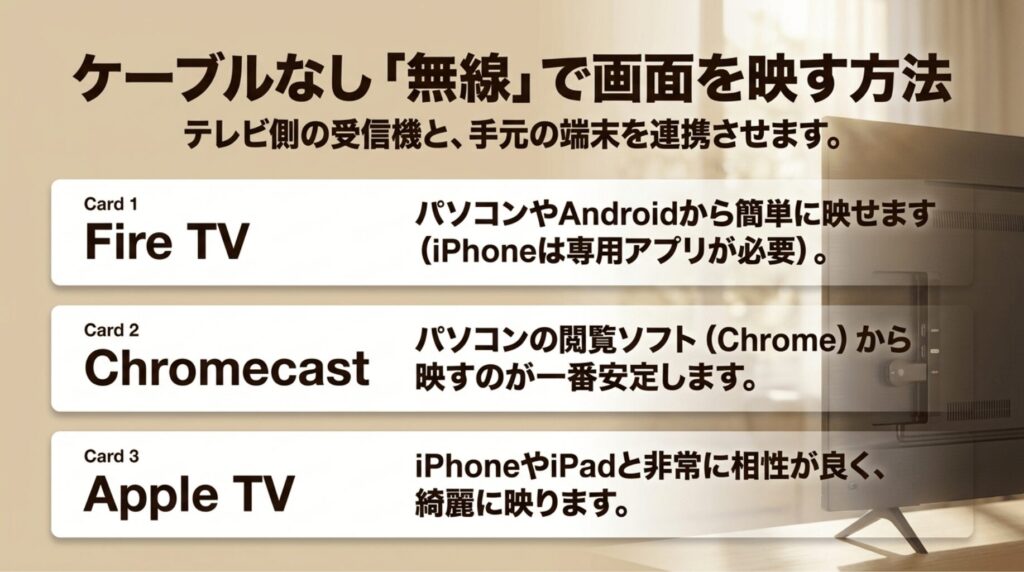 Fire TV、Chromecast、Apple TVを使って、スマホやパソコンの画面を無線でテレビに映す方法をまとめたスライド