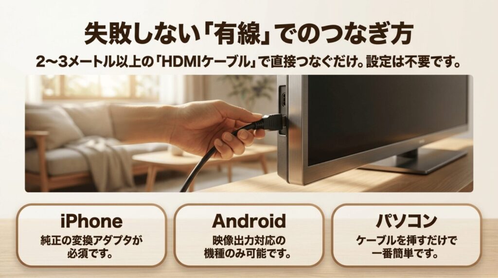 HDMIケーブルをテレビに直接つなぎ、iPhone、Android、パソコンごとの接続ポイントを説明するスライド